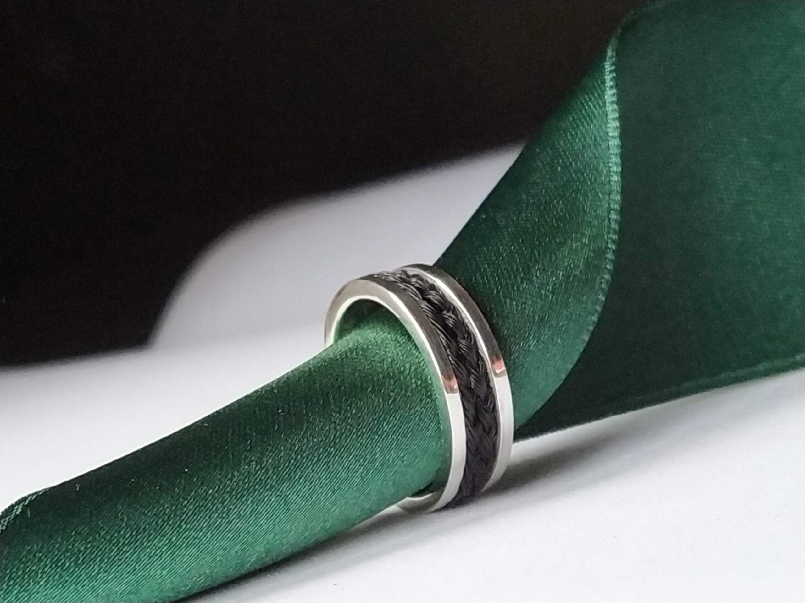 Horsehair nestled in a sterling silver band